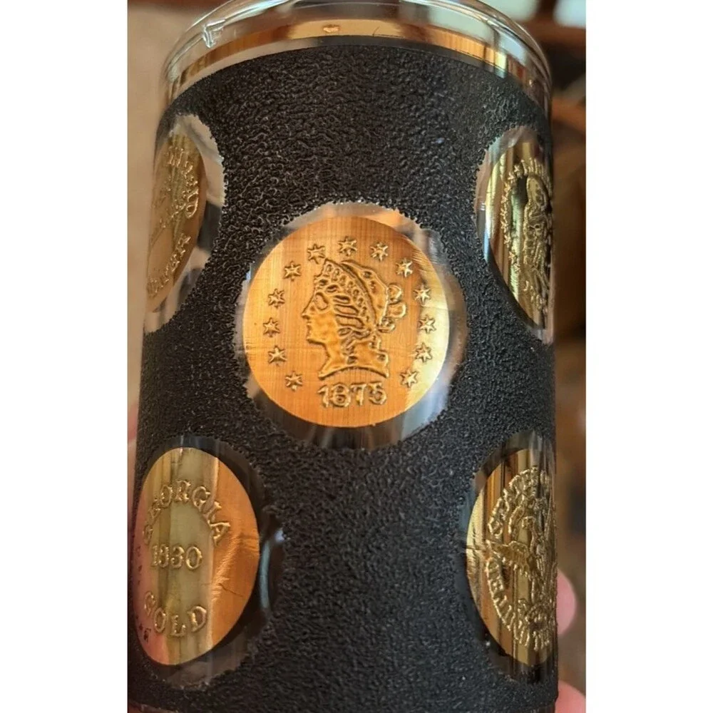 Vintage Libbey Whiskey Clear Glass Black Texture Gold Patriotic Medallions